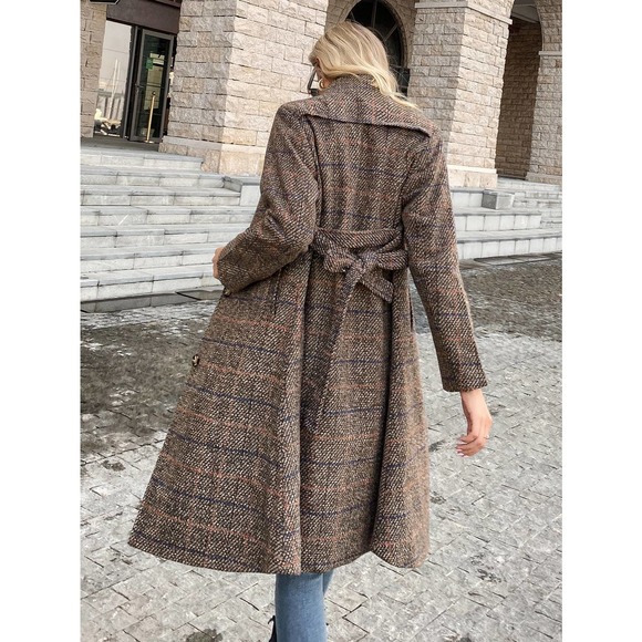 ❗️ Plaid Button Up Collared Belted Overcoat pea coat tan brown - Picture 6 of 6